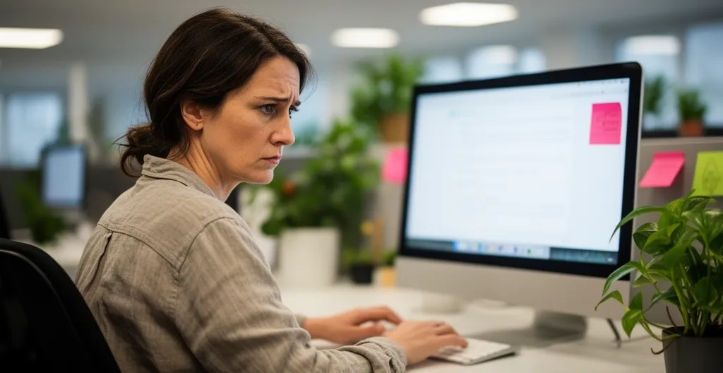 Collaborateur marketing hésitant face à son écran lors d'une optimisation SEO