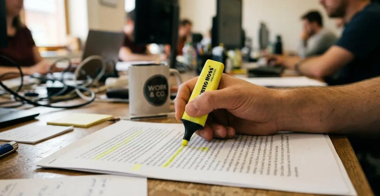 Une personne annote un document imprimé avec un surligneur jaune dans un environnement de bureau réaliste avec un écran flouté en arrière-plan
