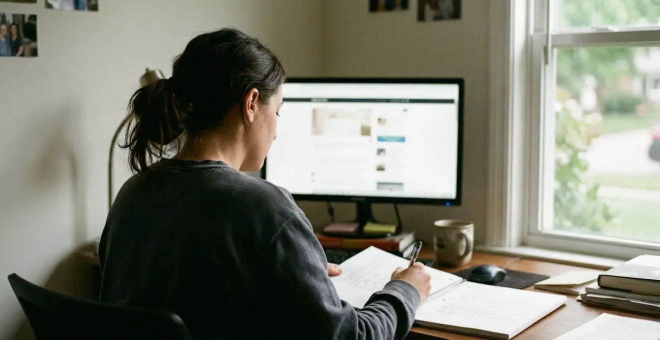 Une personne vue de dos prend des notes manuscrites devant un écran d'ordinateur dans un bureau à domicile baigné de lumière naturelle