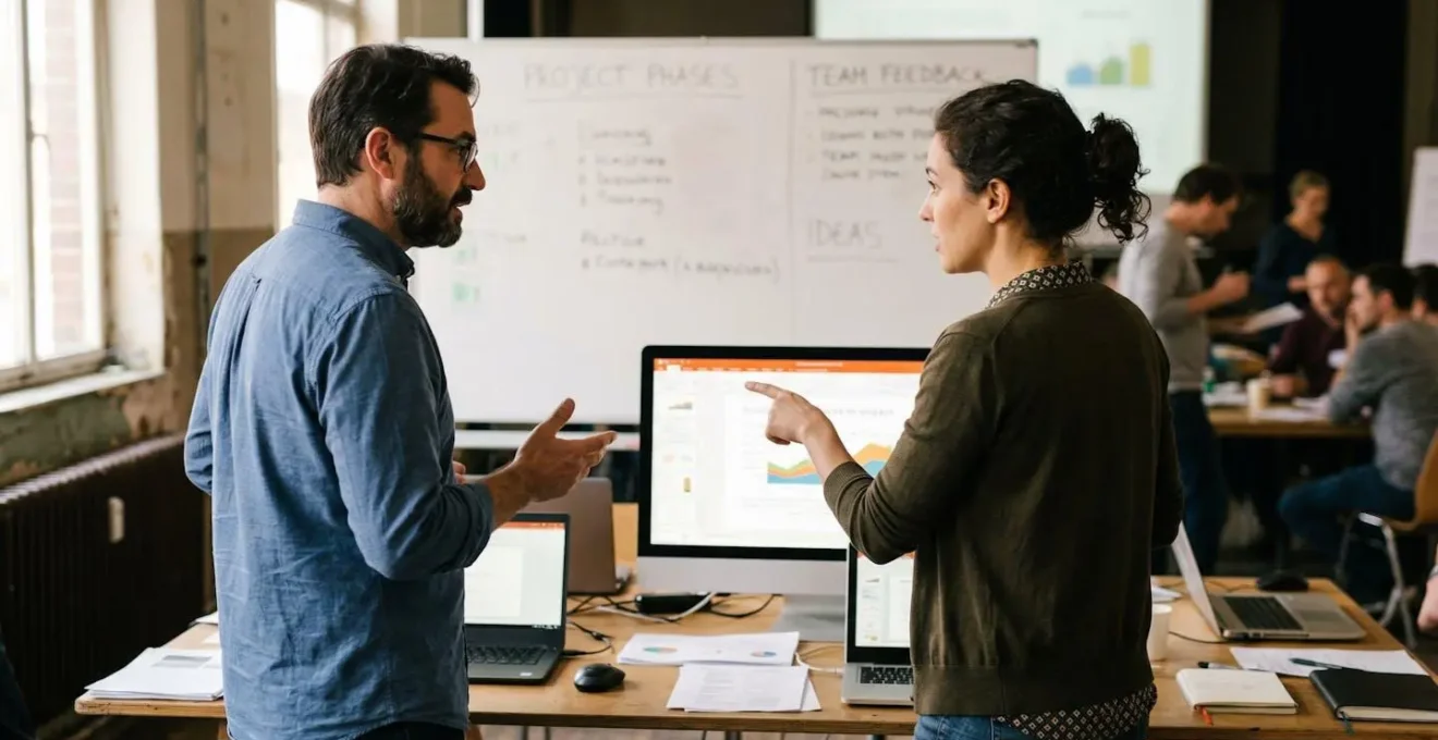 Deux personnes en discussion dans un espace de travail, l'une pointant un écran à l'autre dans une ambiance collaborative décontractée